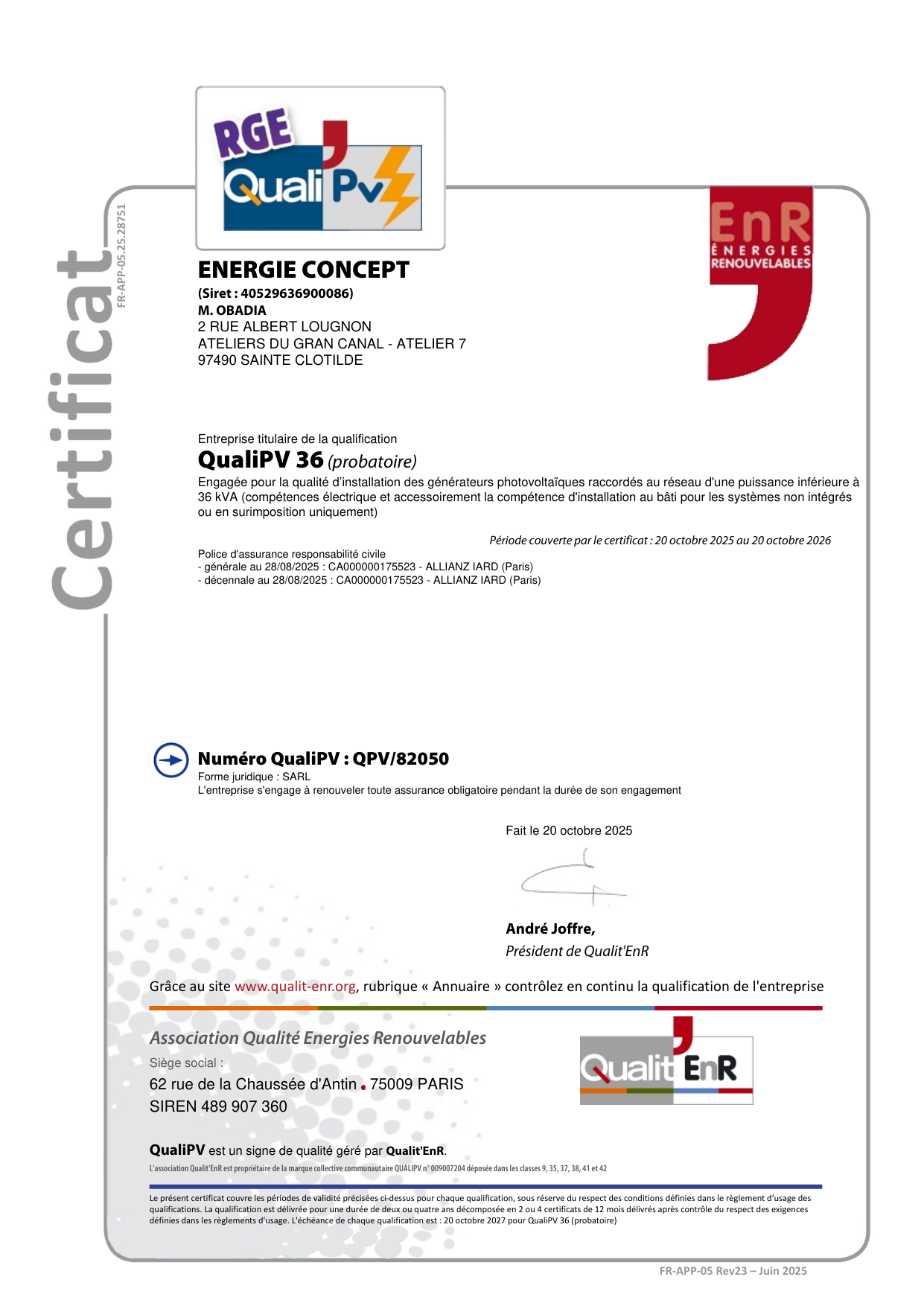 Certificat RGE QualiPV délivré à Energie Concept par Qualit'EnR, numéro QPV/82050
